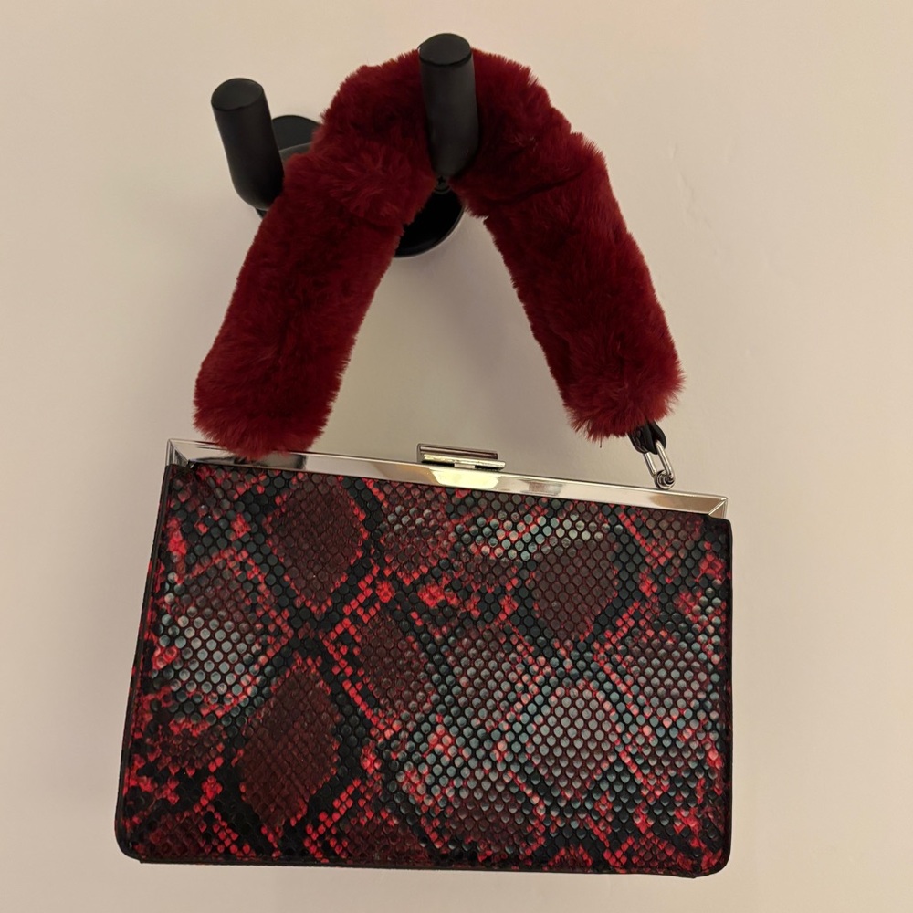 Red Snakeskin Patterned Handbag with Faux Fur Handle